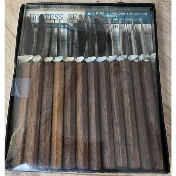 Vintage Hostess Set Walnut & Stainless Steel Appetizer Utensil Set. Made in USA - Picture 7 of 7